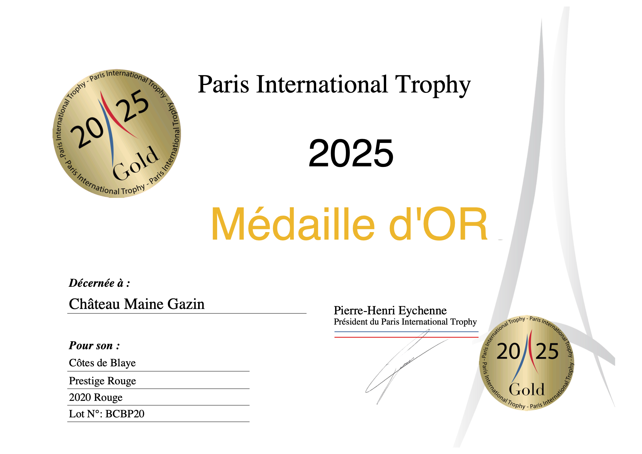 Diplome Gold Prestige 2020 Paris International Trophy 2025